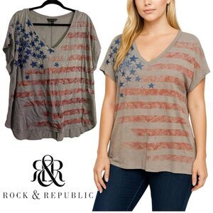 Rock & Republic Women's Gray and Red Striped Embellished American Flag Tee 2X